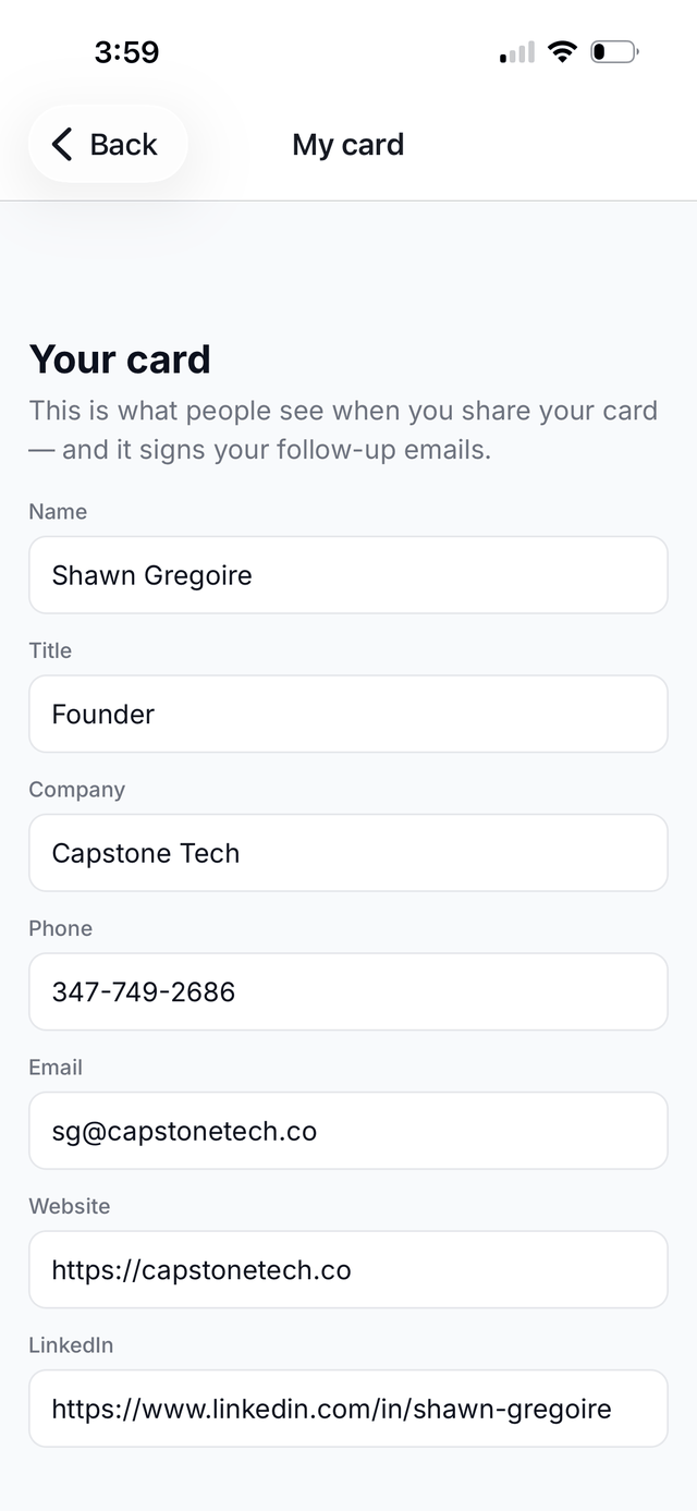 Editing your digital business card details in the Capstone Outreach app