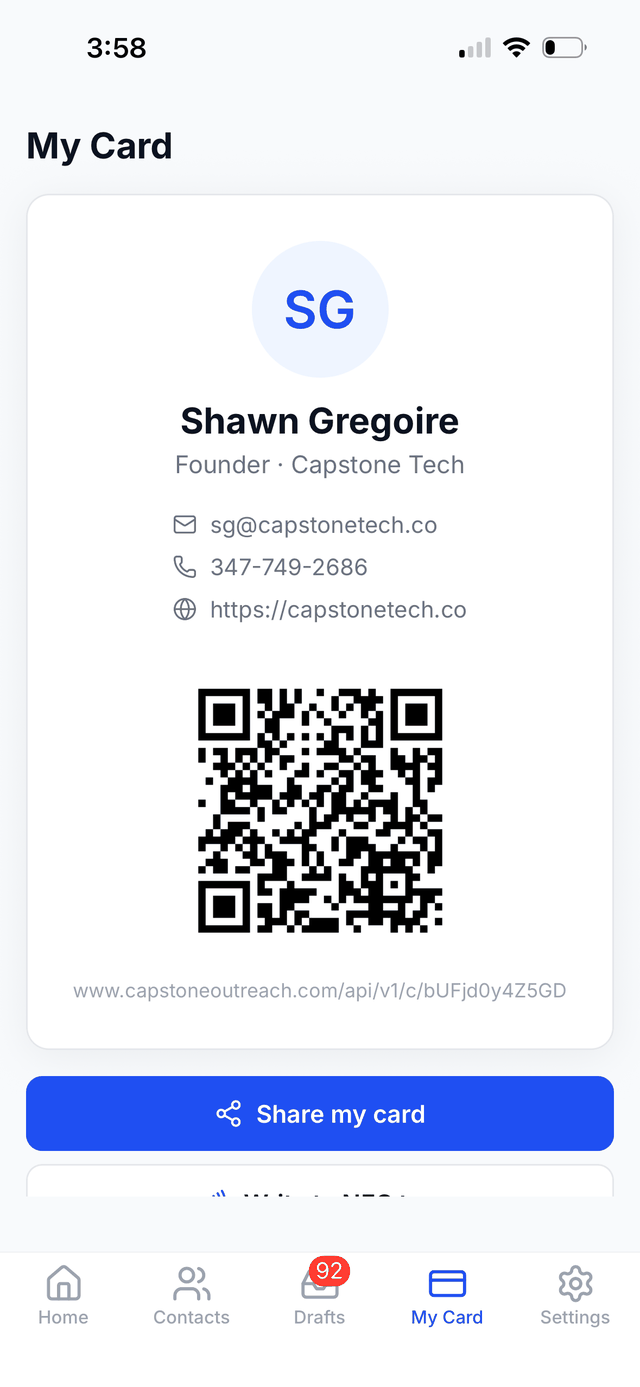 Digital business card with QR code in the Capstone Outreach app