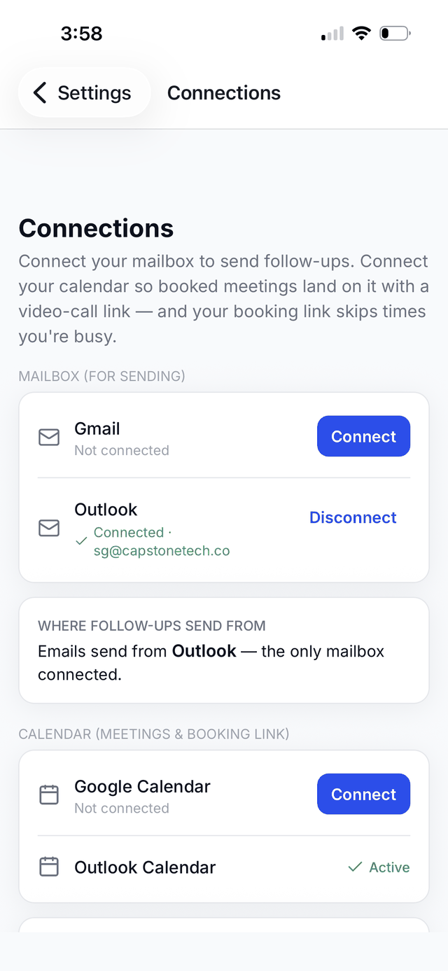 Gmail, Outlook and calendar connections in the Capstone Outreach app