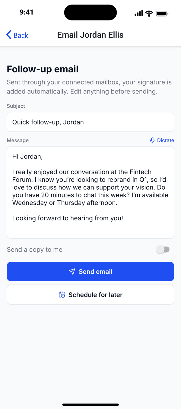 A follow-up email drafted from a scanned business card and meeting notes in the Capstone Outreach app