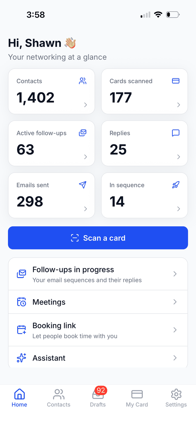 Capstone Outreach home dashboard showing contacts, cards scanned, and active follow-ups