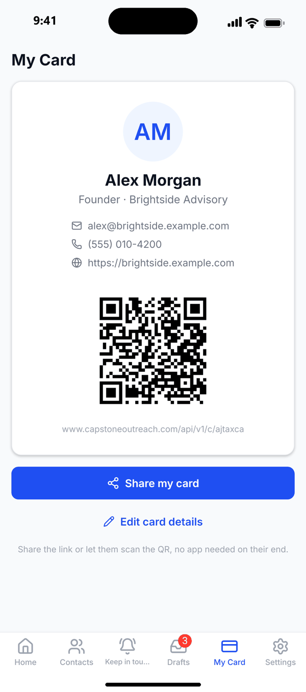 Digital business card with QR code in the Capstone Outreach app