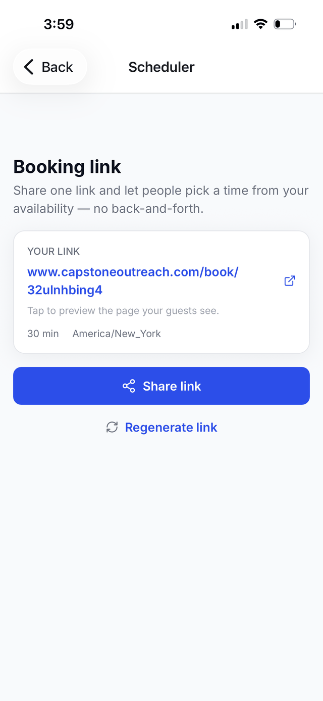 Personal booking link screen in the Capstone Outreach app